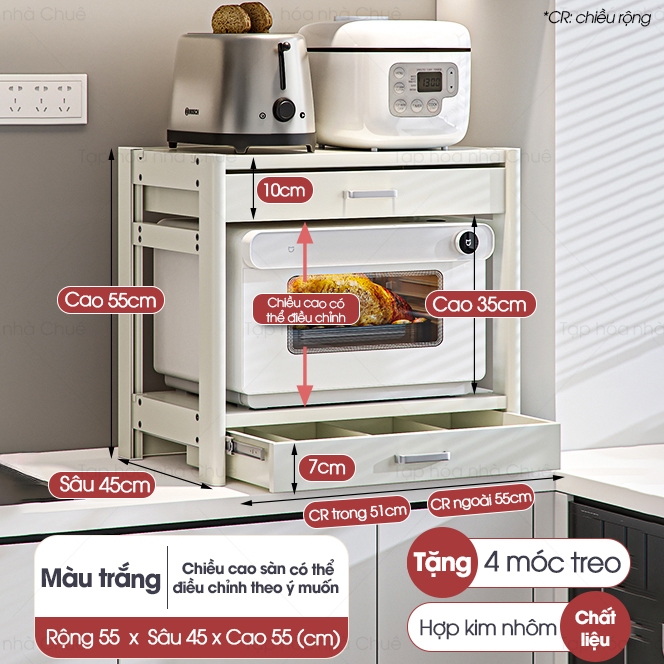 KỆ LÒ NƯỚNG KỆ BẾP ĐA NĂNG CÓ NGĂN KÉO LƯU TRỮ CHIỀU CAO TÙY CHỈNH LINH HOẠT KỆ BẾP 2 TẦNG Trắng-3T-R50 Sâu 40cm