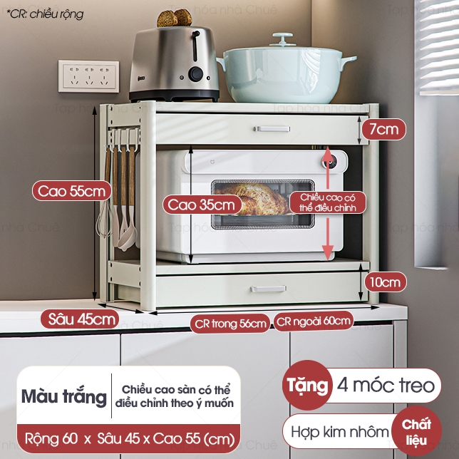 KỆ LÒ NƯỚNG KỆ BẾP ĐA NĂNG CÓ NGĂN KÉO LƯU TRỮ CHIỀU CAO TÙY CHỈNH LINH HOẠT KỆ BẾP 2 TẦNG Trắng-3T-R50 Sâu 40cm
