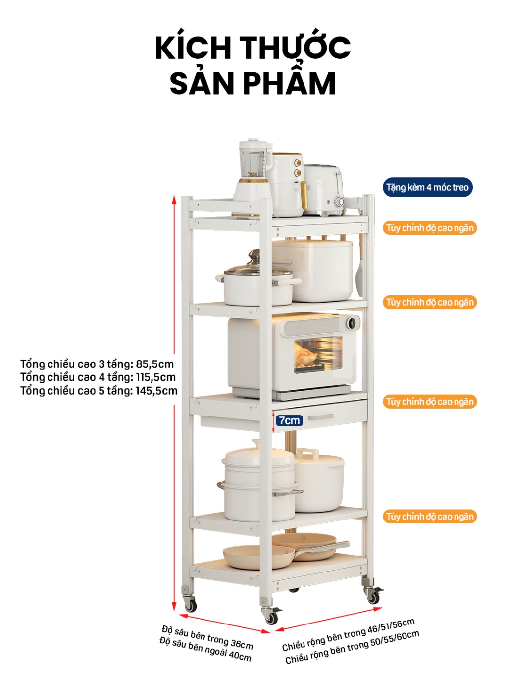 [L40/LD40] KỆ TỦ BẾP ĐA NĂNG DI ĐỘNG HỢP KIM NHÔM SPACEALUMINM CAO CẤP - MÀU ĐEN