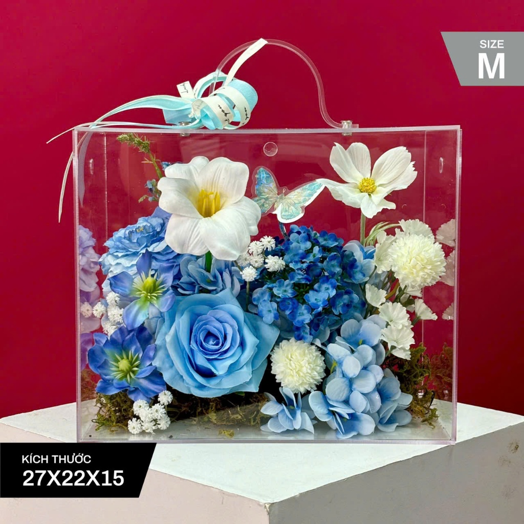 [QUÀ TẶNG] Hộp hoa lụa trong suốt nghệ thuật quà tặng thiết kế thủ công cao cấp
