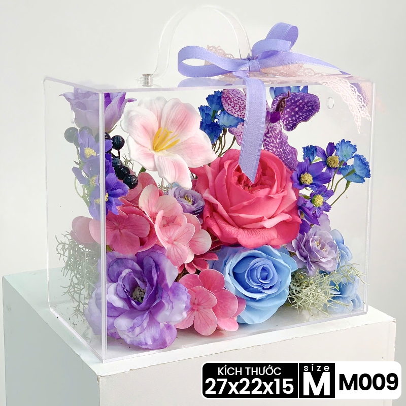 [QUÀ TẶNG] Hộp hoa lụa trong suốt nghệ thuật quà tặng thiết kế thủ công cao cấp