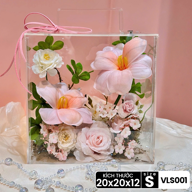 [QUÀ TẶNG] Hộp hoa lụa trong suốt nghệ thuật quà tặng thiết kế thủ công cao cấp