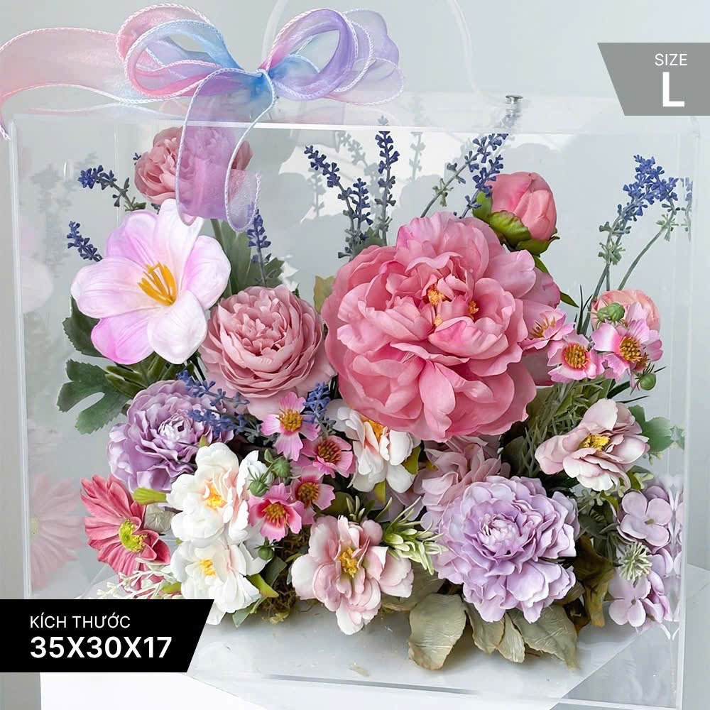 [QUÀ TẶNG] Hộp hoa lụa trong suốt nghệ thuật quà tặng thiết kế thủ công cao cấp