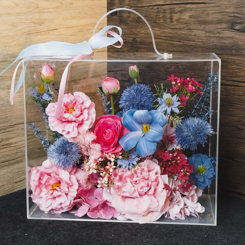 [QUÀ TẶNG] Hộp hoa lụa trong suốt nghệ thuật quà tặng thiết kế thủ công cao cấp