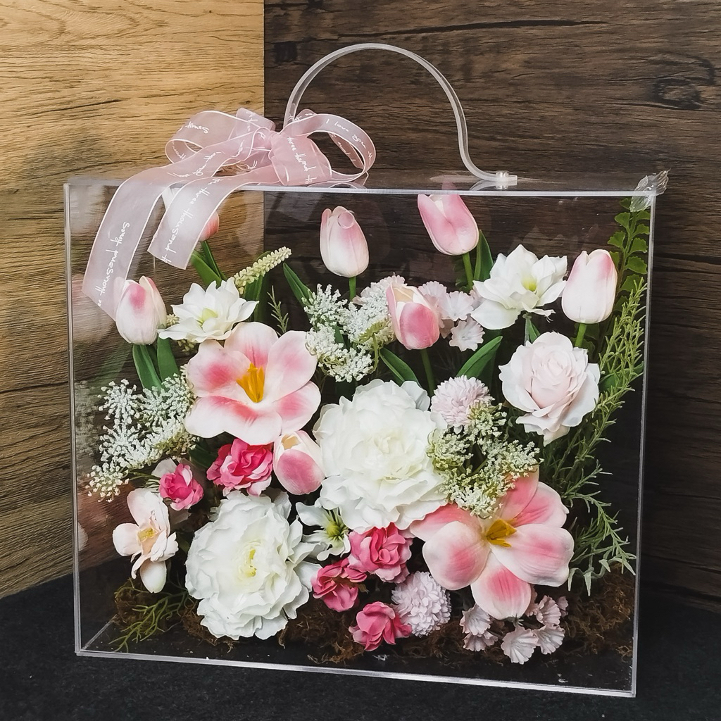 [QUÀ TẶNG] Hộp hoa lụa trong suốt nghệ thuật quà tặng thiết kế thủ công cao cấp