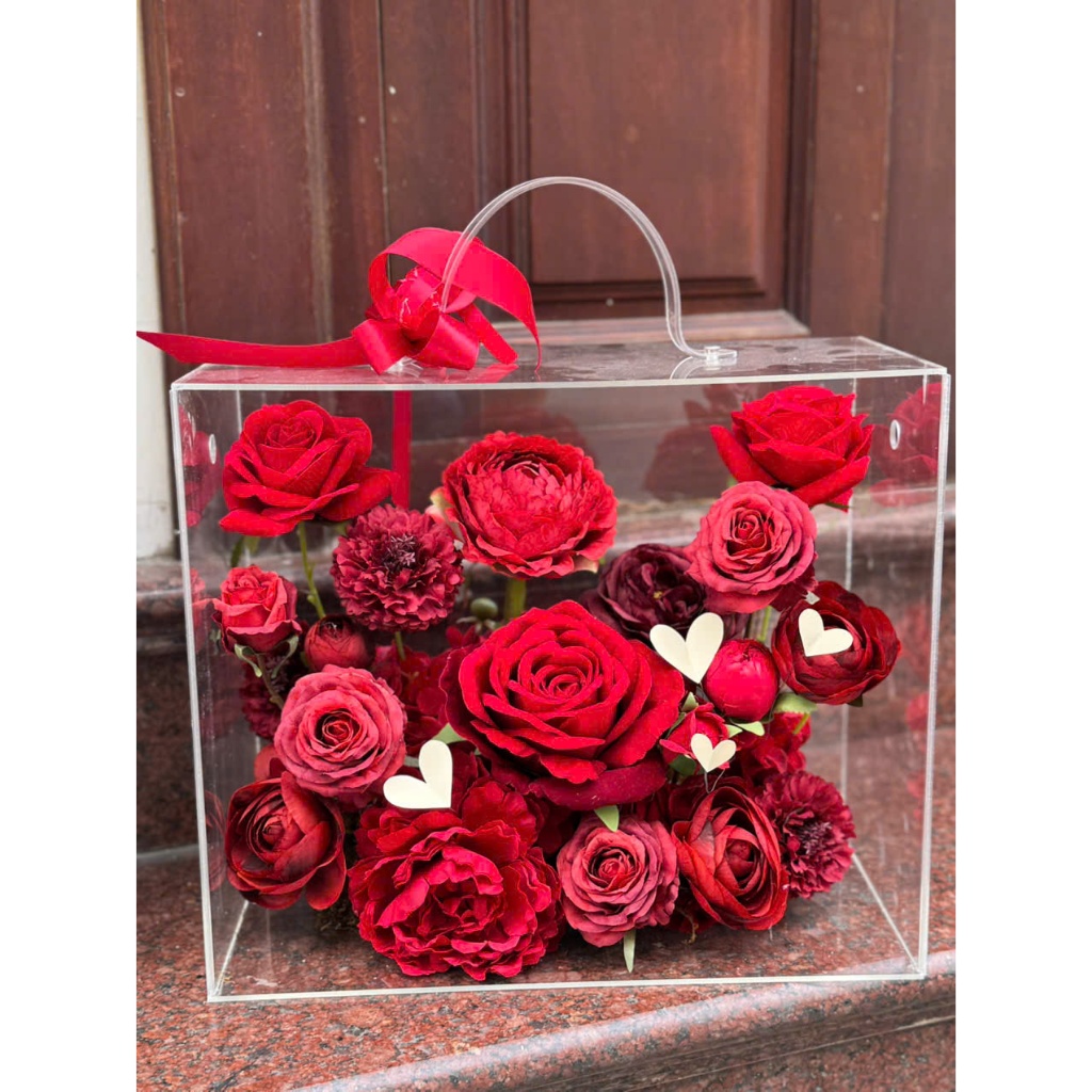 [QUÀ TẶNG] Hộp hoa lụa trong suốt nghệ thuật quà tặng thiết kế thủ công cao cấp