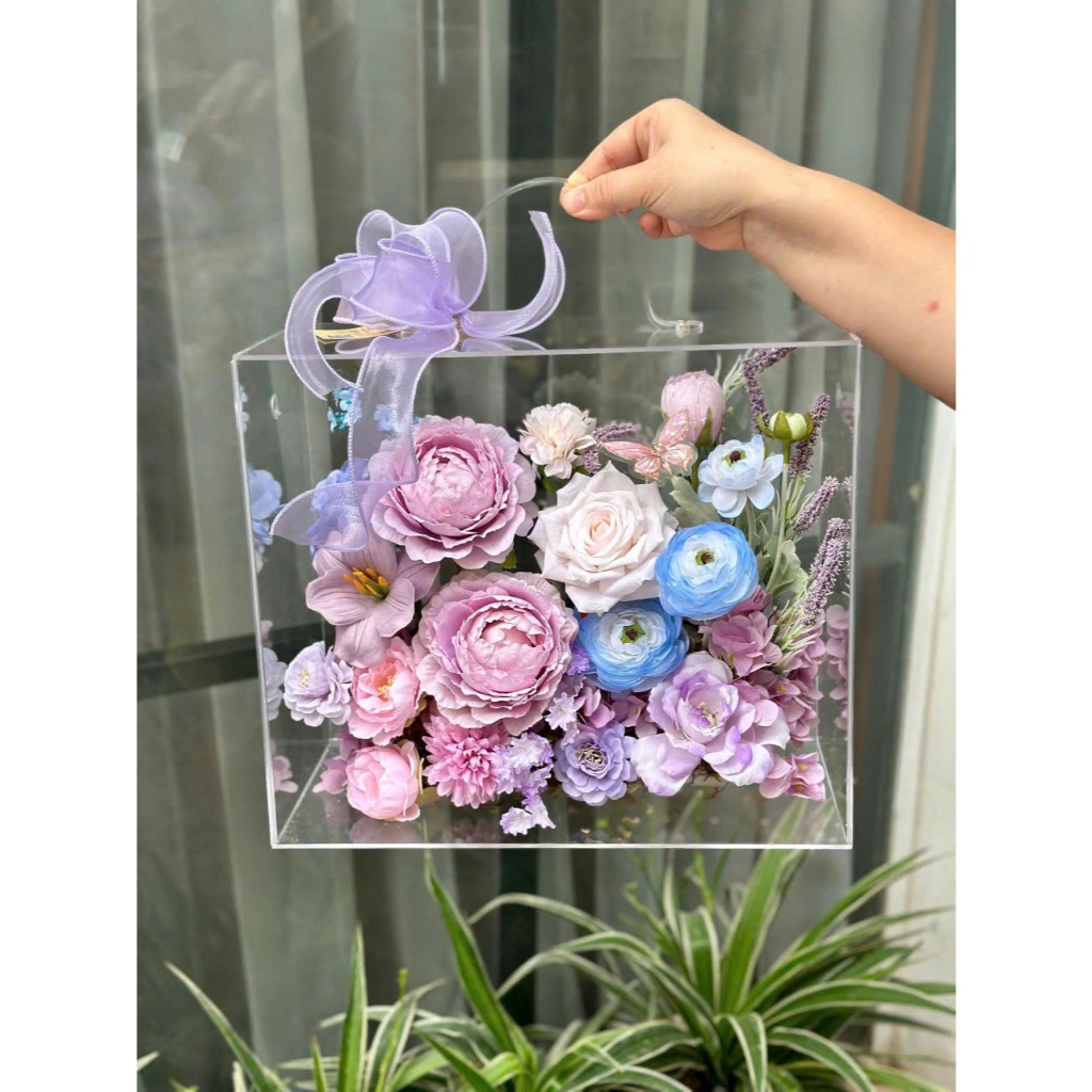 [QUÀ TẶNG] Hộp hoa lụa trong suốt nghệ thuật quà tặng thiết kế thủ công cao cấp