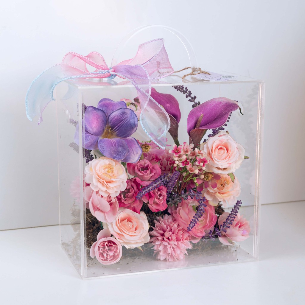 [QUÀ TẶNG] Hộp hoa lụa trong suốt nghệ thuật quà tặng thiết kế thủ công cao cấp