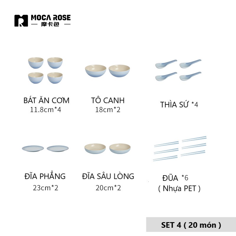 BỘ BÁT ĐĨA THẠCH SỨ TRÁNG MEN CAO CẤP MOCAROSE