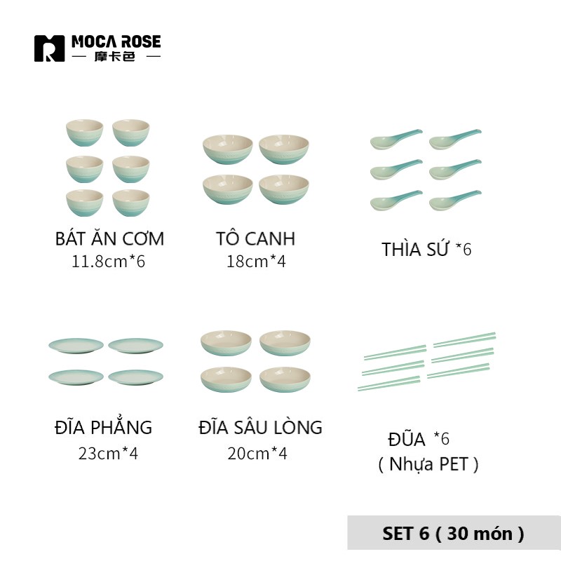 BỘ BÁT ĐĨA THẠCH SỨ TRÁNG MEN CAO CẤP MOCAROSE