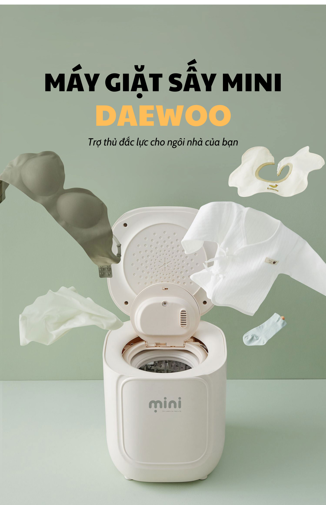 MÁY GIẶT ĐỒ LÓT MINI TỰ ĐỘNG GIẶT XẢ SẤY KHÔ GIẶT NƯỚC NÓNG KHỬ KHUẨN DAEWOO 7L