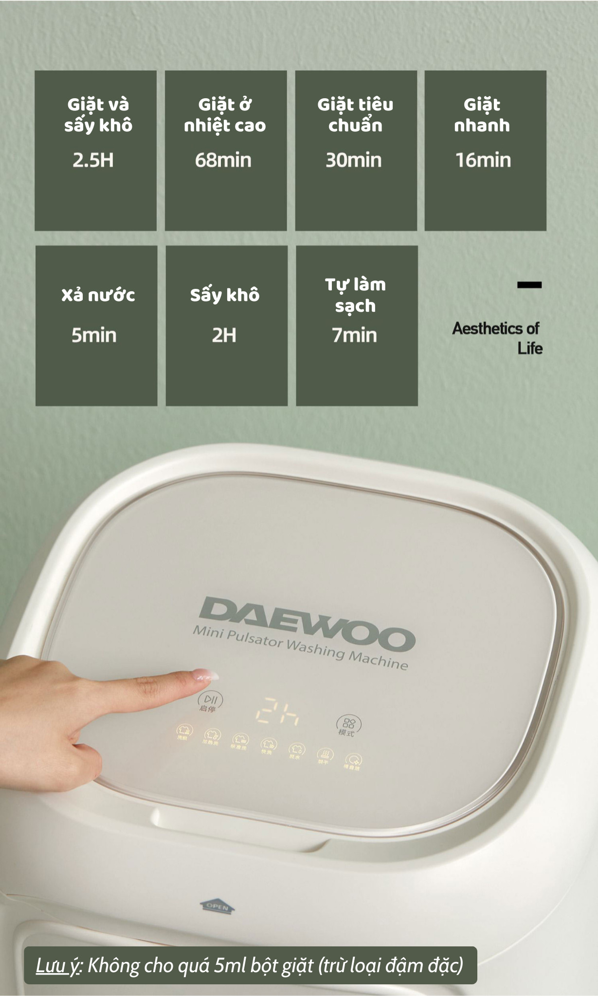 MÁY GIẶT ĐỒ LÓT MINI TỰ ĐỘNG GIẶT XẢ SẤY KHÔ GIẶT NƯỚC NÓNG KHỬ KHUẨN DAEWOO 7L