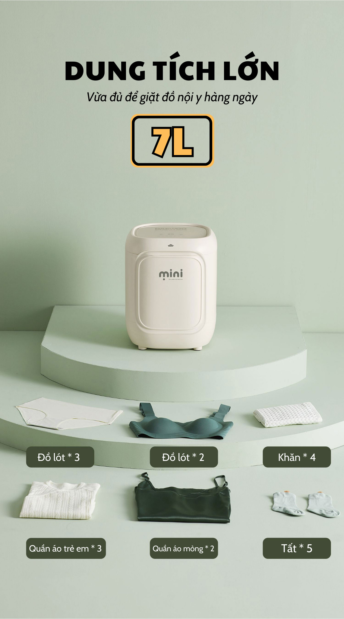 MÁY GIẶT ĐỒ LÓT MINI TỰ ĐỘNG GIẶT XẢ SẤY KHÔ GIẶT NƯỚC NÓNG KHỬ KHUẨN DAEWOO 7L