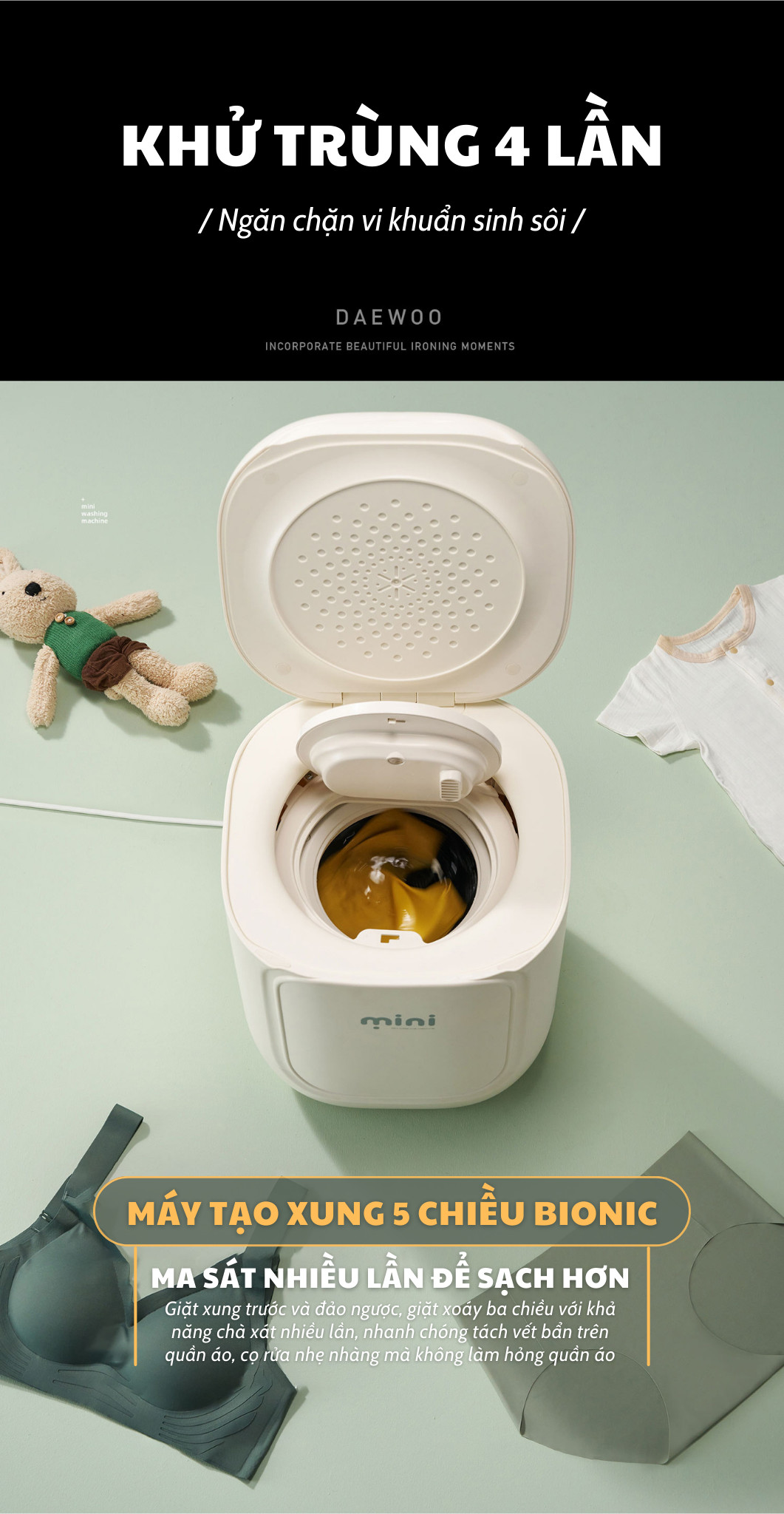 MÁY GIẶT ĐỒ LÓT MINI TỰ ĐỘNG GIẶT XẢ SẤY KHÔ GIẶT NƯỚC NÓNG KHỬ KHUẨN DAEWOO 7L