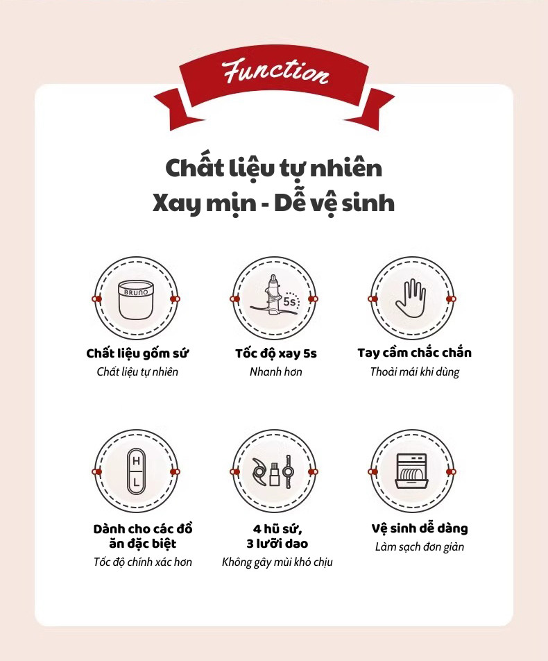 MÁY XAY THỰC PHẨM ĐA NĂNG BRUNO SET 4 BOWL SỨ