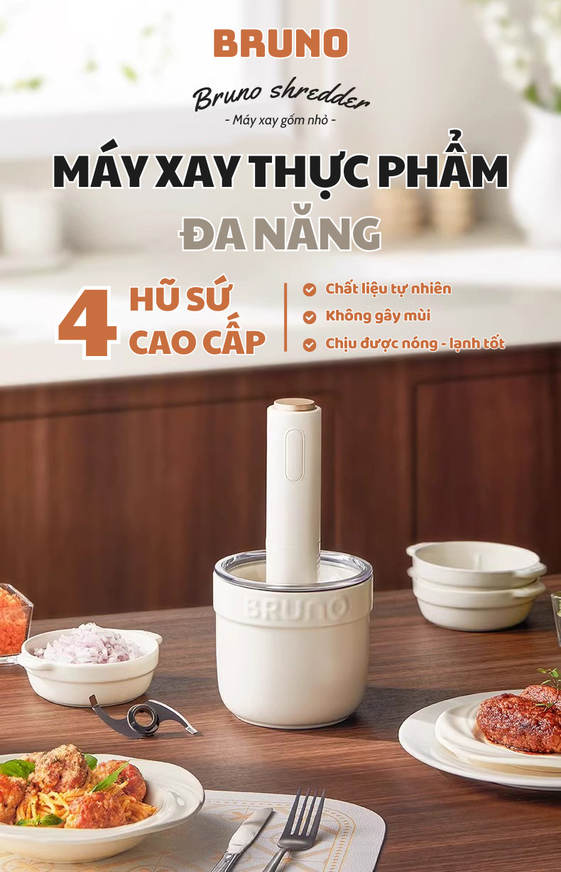 MÁY XAY THỰC PHẨM ĐA NĂNG BRUNO SET 4 BOWL SỨ