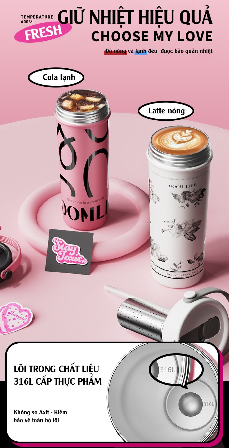 CỐC GIỮ NHIỆT CAO CẤP GOOM 600ML LÕI INOX316L KÈM ỐNG LỌC TRÀ