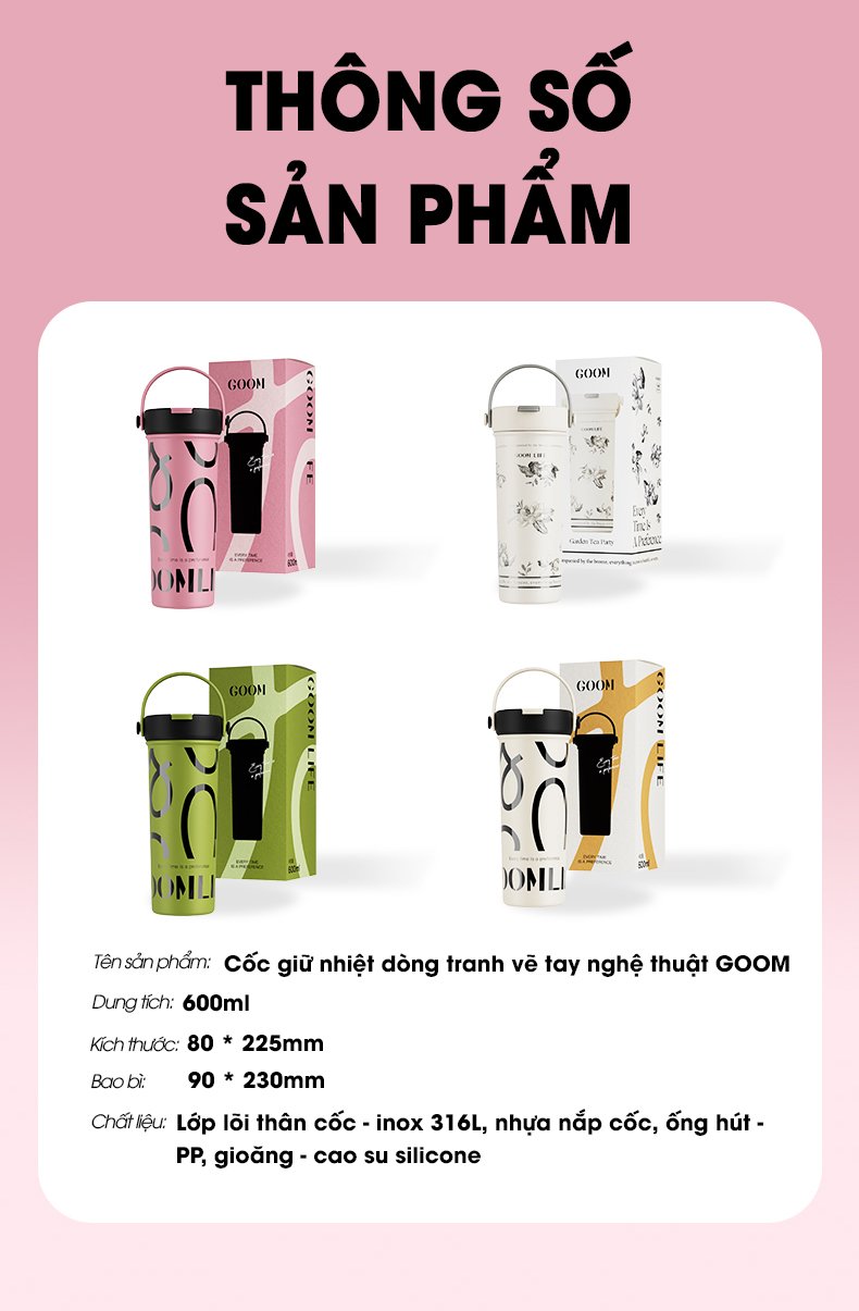 CỐC GIỮ NHIỆT CAO CẤP GOOM 600ML LÕI INOX316L KÈM ỐNG LỌC TRÀ
