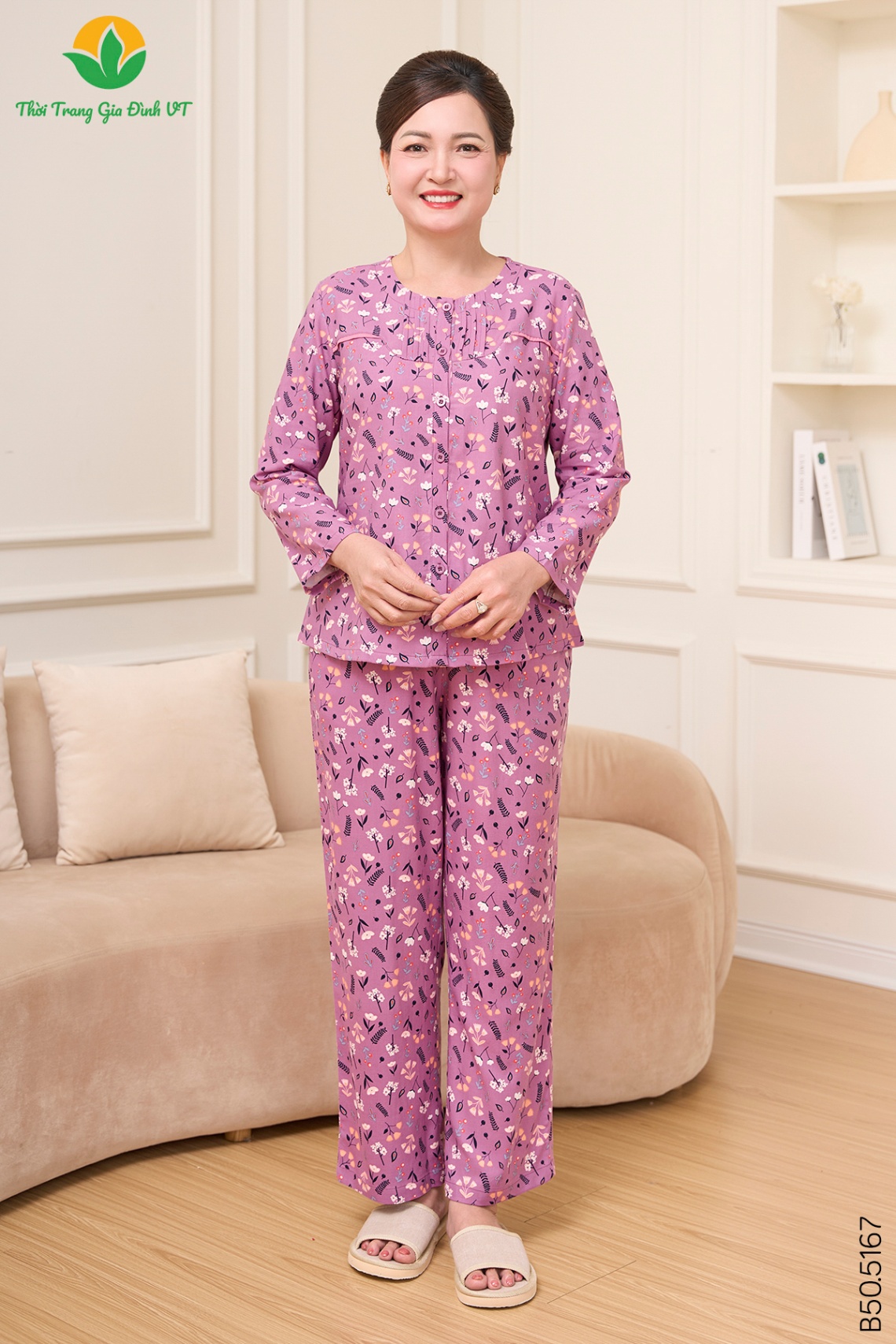 Bộ cotton rayon trung niên quần dài áo dài tay B50.5167