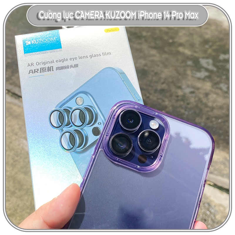 Kính cường lực camera Kuzoom cho iPhone 14 Pro Max - viền trong suốt 3 mắt có khung tự dán - Hàng nhập khẩu