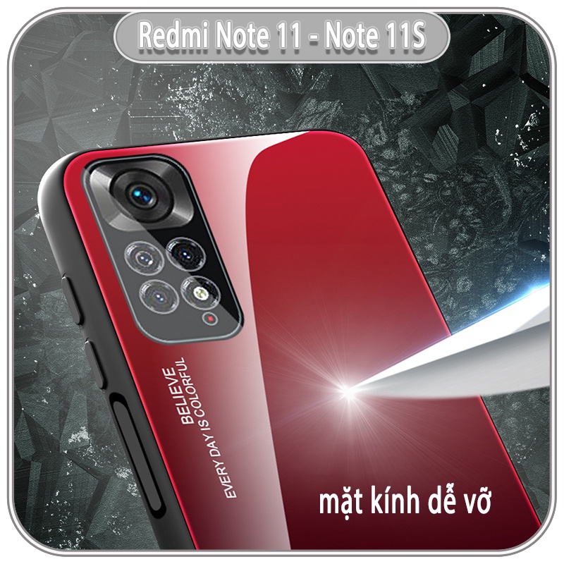 Ốp lưng cho Xiaomi Redmi Note 11 - 11S gương cứng 2 màu Gradient Ver 2 , viền TPU dẻo đen