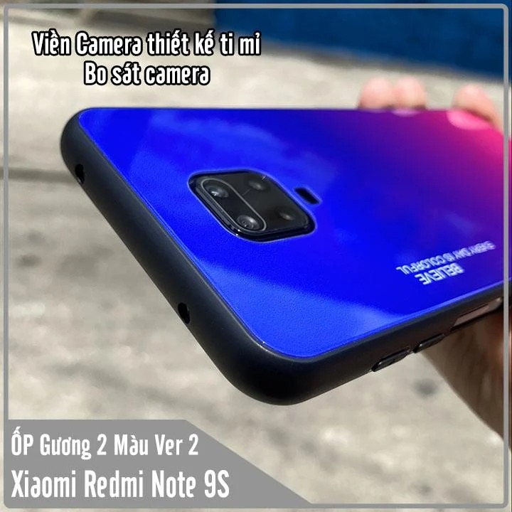 Ốp lưng cho Xiaomi Redmi Note 9S - Note 9 Pro gương cứng 2 màu Gradient Ver 2 , viền TPU dẻo đen