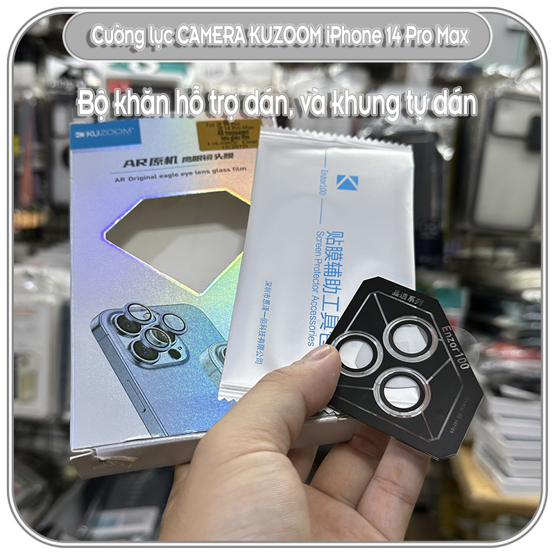 Kính cường lực camera Kuzoom cho iPhone 14 Pro Max - viền trong suốt 3 mắt có khung tự dán - Hàng nhập khẩu