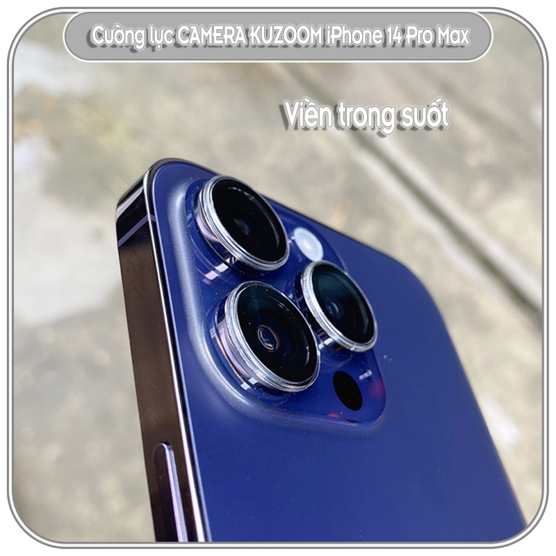 Kính cường lực camera Kuzoom cho iPhone 14 Pro Max - viền trong suốt 3 mắt có khung tự dán - Hàng nhập khẩu