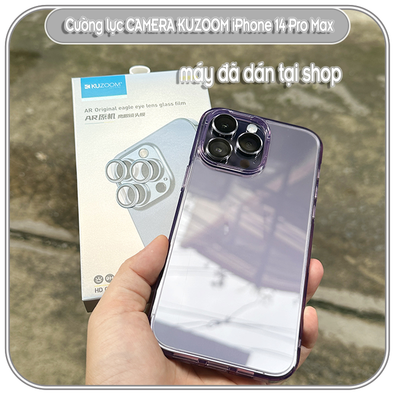 Kính cường lực camera Kuzoom cho iPhone 14 Pro Max - viền trong suốt 3 mắt có khung tự dán - Hàng nhập khẩu