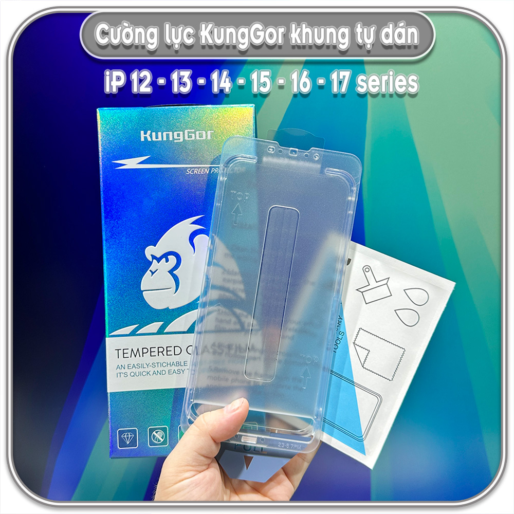 Cường lực KungGor có khung tự dán cho iPhone từ 12 đến 16 Pro Max