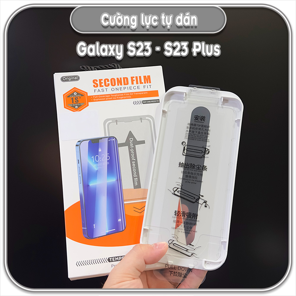 Cường lực trong cho Samsung S23 - S23 Plus, không viền đen kèm khung tự dán
