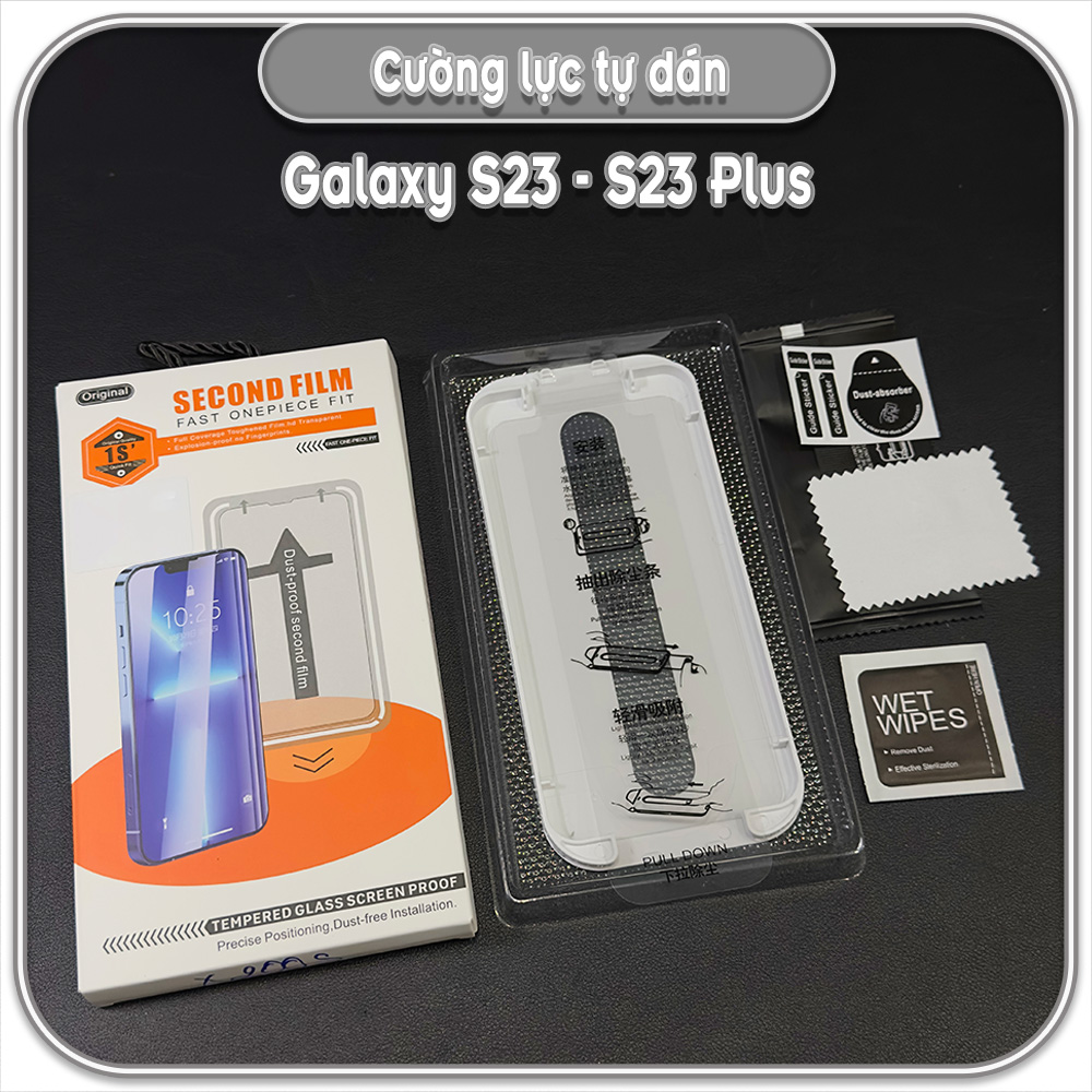 Cường lực trong cho Samsung S23 - S23 Plus, không viền đen kèm khung tự dán