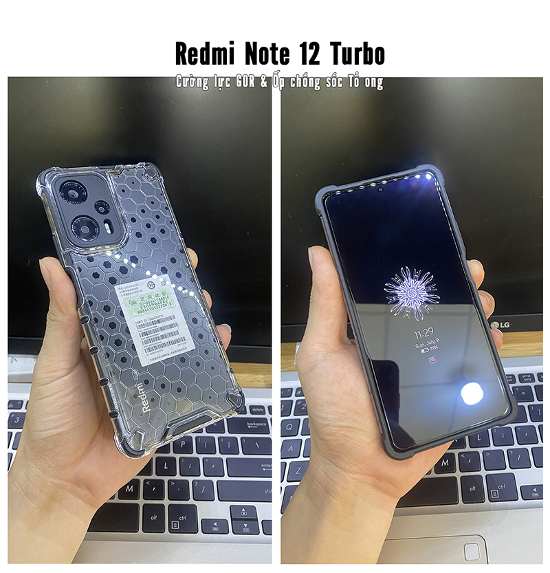 Ốp chống sốc Redmi Note 12 Turbo, lưng tổ ong PC trong không ố vàng, viền TPU dẻo đen