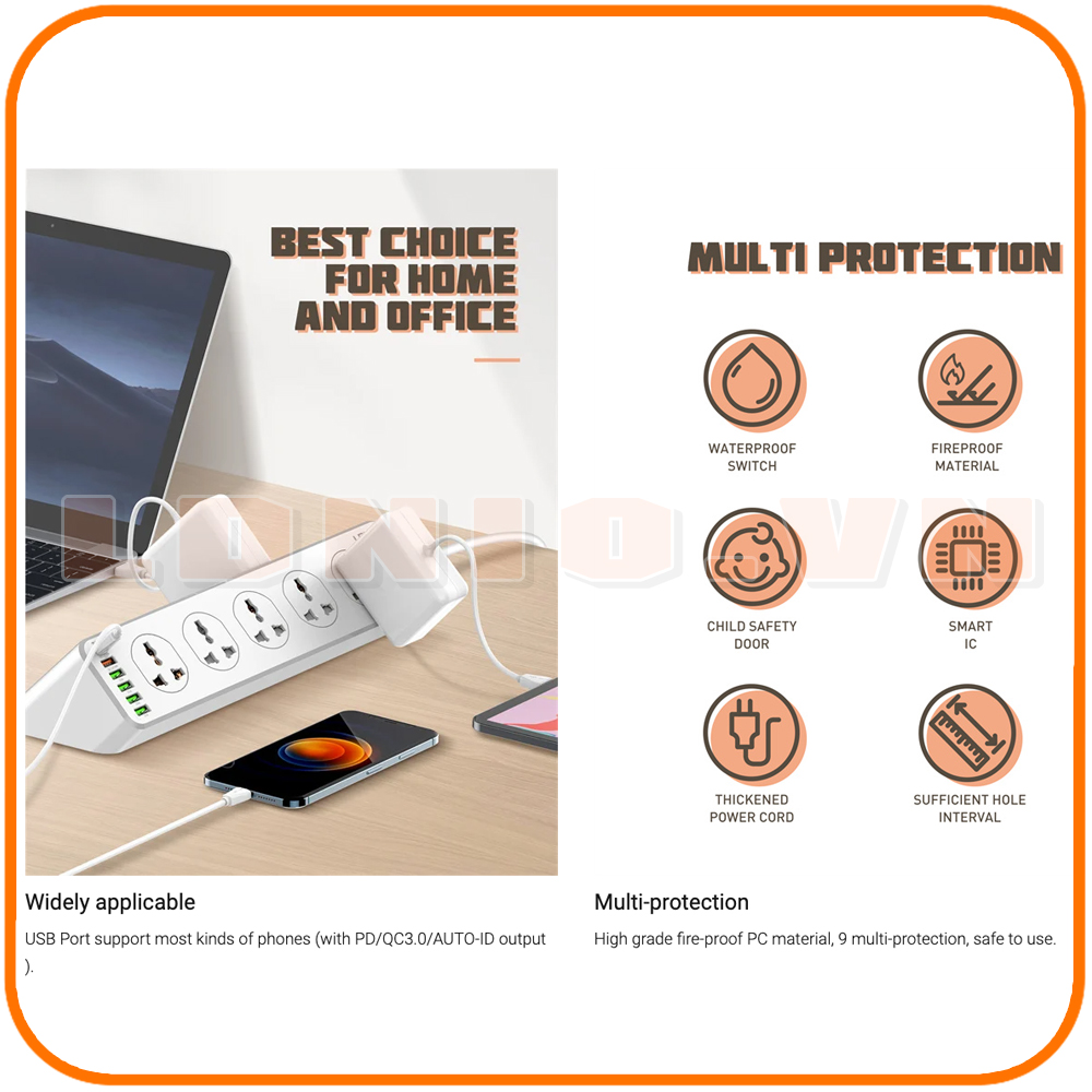 Ổ cắm điện LDNIO SC10610 100-250V, 10 lỗ cắm (2500W) + 5 USB-A & 1 USB-C (30W), sạc nhanh PD & QC 3.0, dây dài 200CM, đầu ghim EU 2 chấu tròn - Hàng nhập khẩu