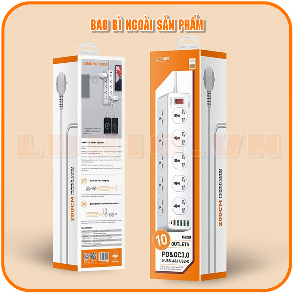 Ổ cắm điện LDNIO SC10610 100-250V, 10 lỗ cắm (2500W) + 5 USB-A & 1 USB-C (30W), sạc nhanh PD & QC 3.0, dây dài 200CM, đầu ghim EU 2 chấu tròn - Hàng nhập khẩu