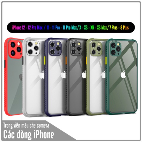 Ốp lưng cho iPhone 12 - 12 Pro - 12 Pro Max / 11 - 11 Pro - 11 Pro Max / X - XS - XR - XS Max / 7 Plus - 8 Plus trong viền màu che camera 4 Góc chống sốc