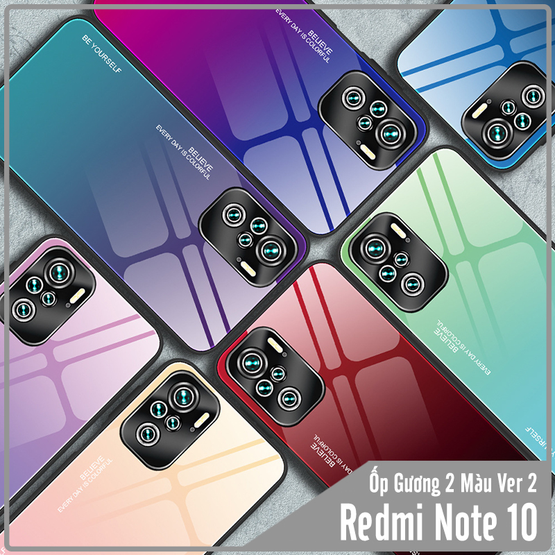 Ốp lưng cho Xiaomi Redmi Note 10 4G - Redmi Note 10S gương cứng 2 màu Gradient Ver 2 , viền TPU dẻo đen