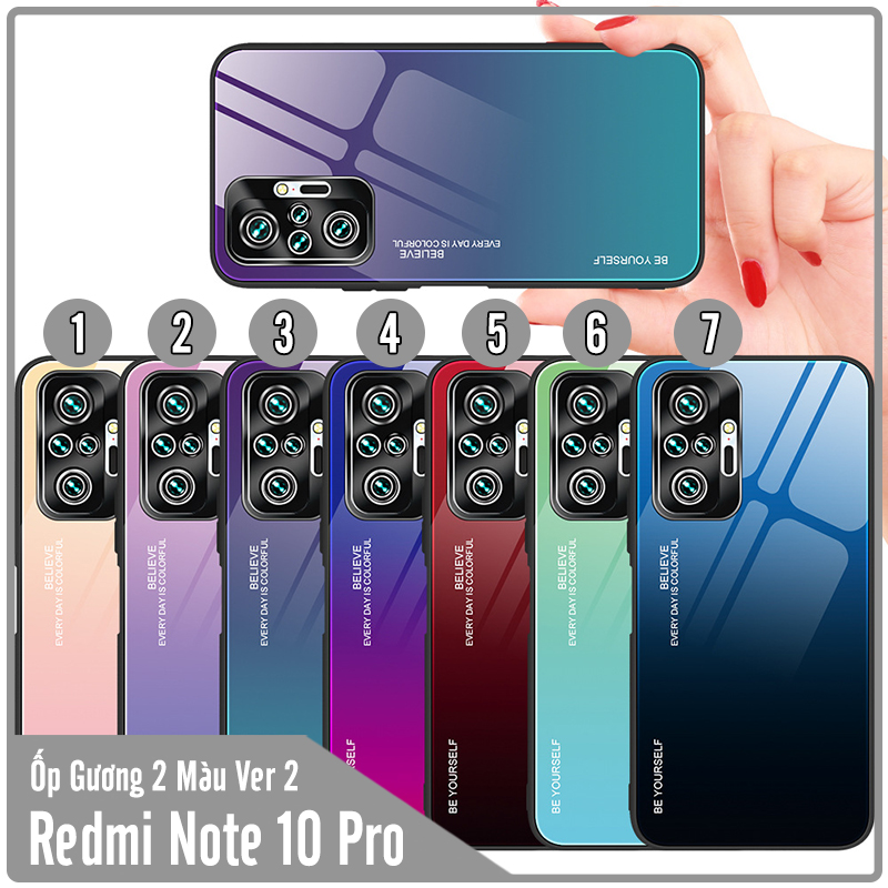 Ốp lưng cho Xiaomi Redmi Note 10 Pro gương cứng 2 màu Gradient Ver 2 , viền TPU dẻo đen