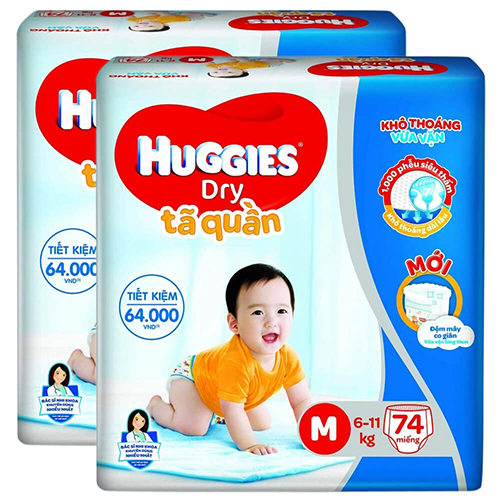 Combo 2 gói Bỉm tã quần Huggies Dry size M 74 miếng (6-11kg)
