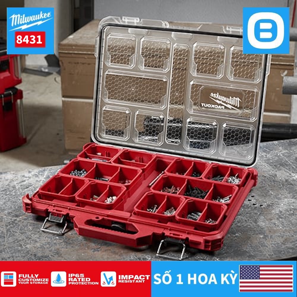 Milwaukee 8431, Hộp đựng dụng cụ, IP65, Chống va đập, Màu đỏ đen, 129305301