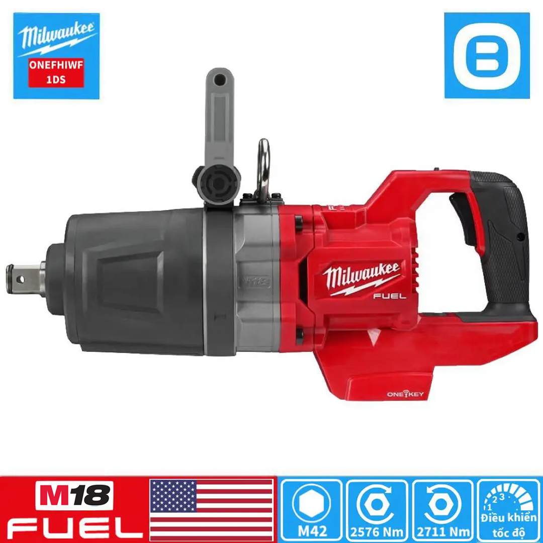 Milwaukee M18 ONEFHIWF1DS, Máy siết bu lông đầu ngắn, 18V, 2576 Nm, 1 inch, M42, Màu đỏ đen, 18398006