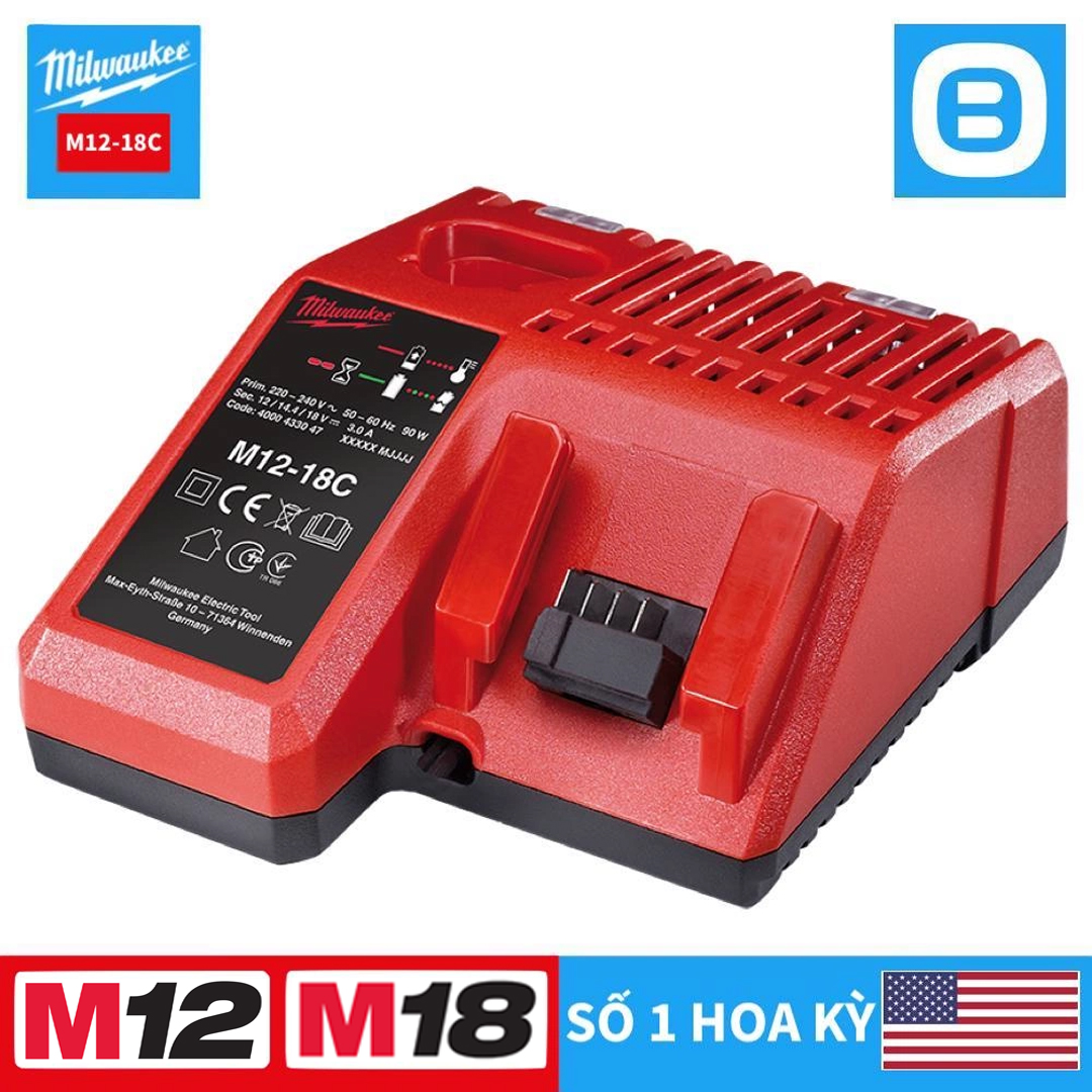 Milwaukee M12-18C, Bộ sạc pin 12V - 18V, Màu đỏ đen, 999671