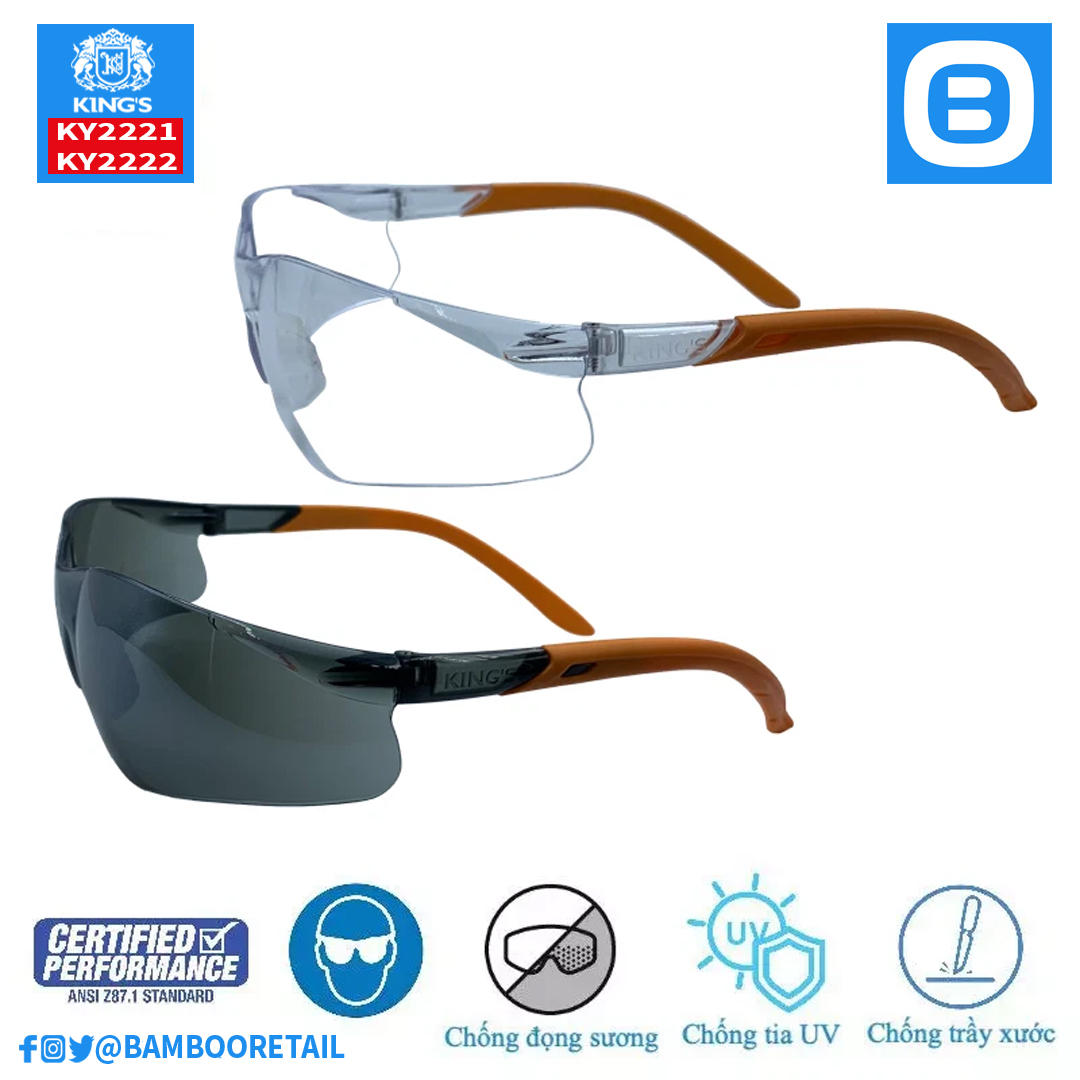 King's KY2221 KY222, Kính bảo hộ thời trang cao cấp chống bụi chống tia UV chống đọng sương bảo vệ mắt