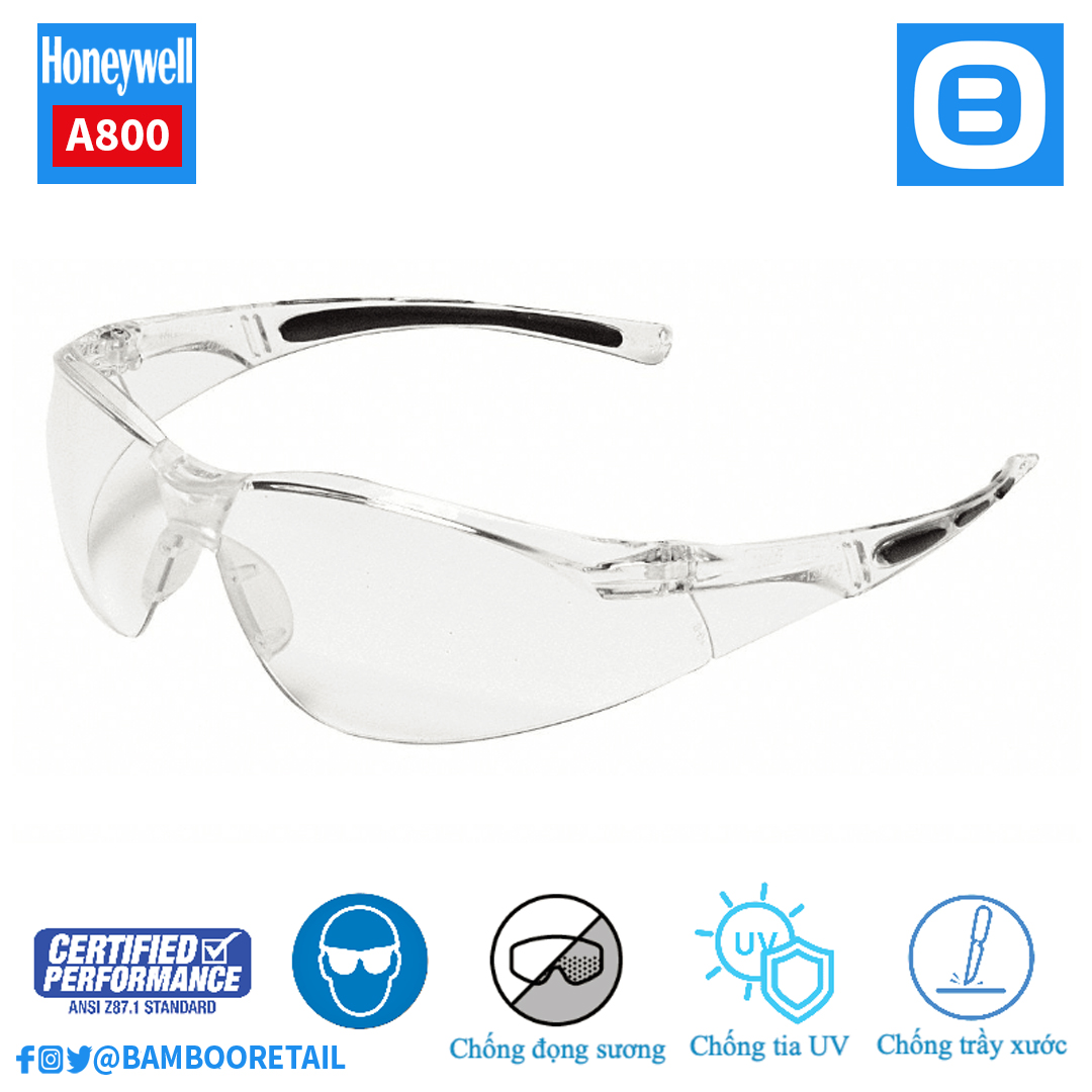 Honeywell A800 Kính bảo hộ chống đọng sương, chống trầy xước, ôm sát mặt ngăn 99,99% tia UV