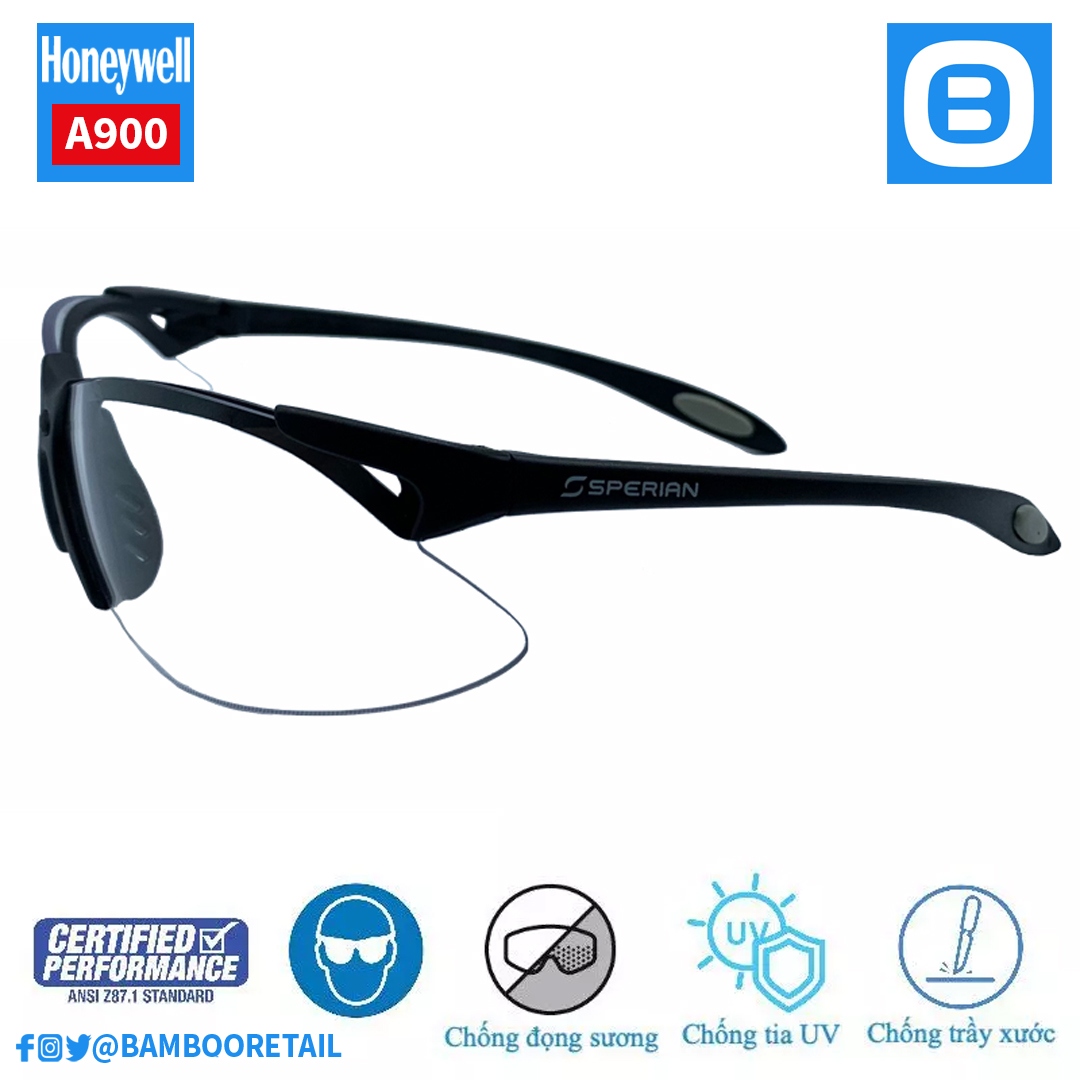 Honeywell A900, Kính bảo hộ chống đọng sương, chống trầy xước, ôm sát mặt, ngăn 99,99% tia UV