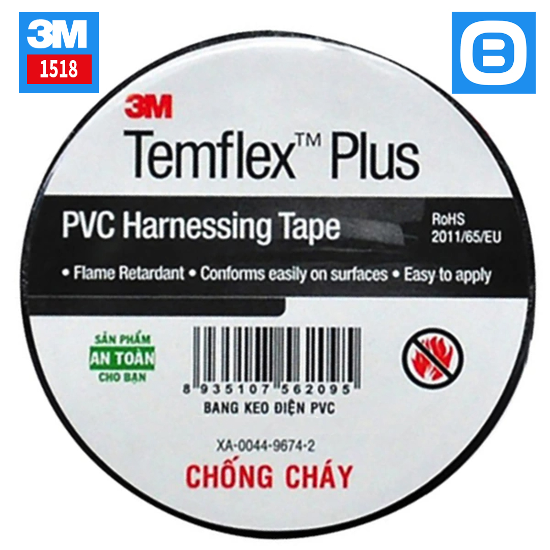 3M 1518 Temflex Plus Harnessing Tape (PVC), Băng keo điện chống cháy lan 19mmx18m