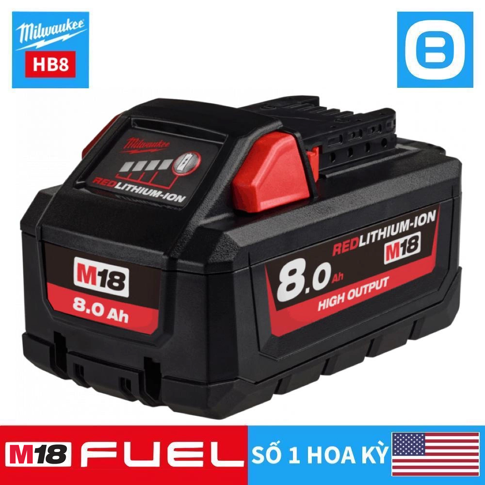 Milwaukee M18 HB8, Pin thế hệ mới M18™ HIGH OUTPUT™, 18V, 8.0Ah, Màu đỏ đen, 1998236DG9