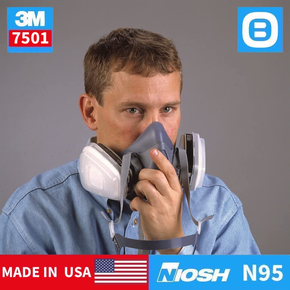 3M Combo mặt nạ phòng độc nửa mặt 7501+Phin lọc than hoạt tính 6001+Tấm lọc 5N11+Nắp giữ 501, NIOSH N95, Lọc 95% virus+hơi hữu cơ