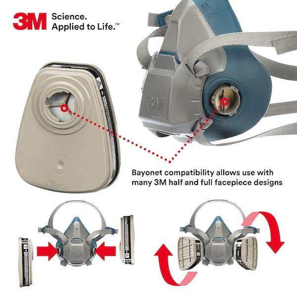 3M Combo 6001, Combo 01 phin lọc hơi hữu cơ than hoạt tính 6100 với 02 tấm lọc 5N11 NIOSH N95 và 02 nắp giữ 501, Lọc hơn 95% bụi mịn vi khuẩn virut