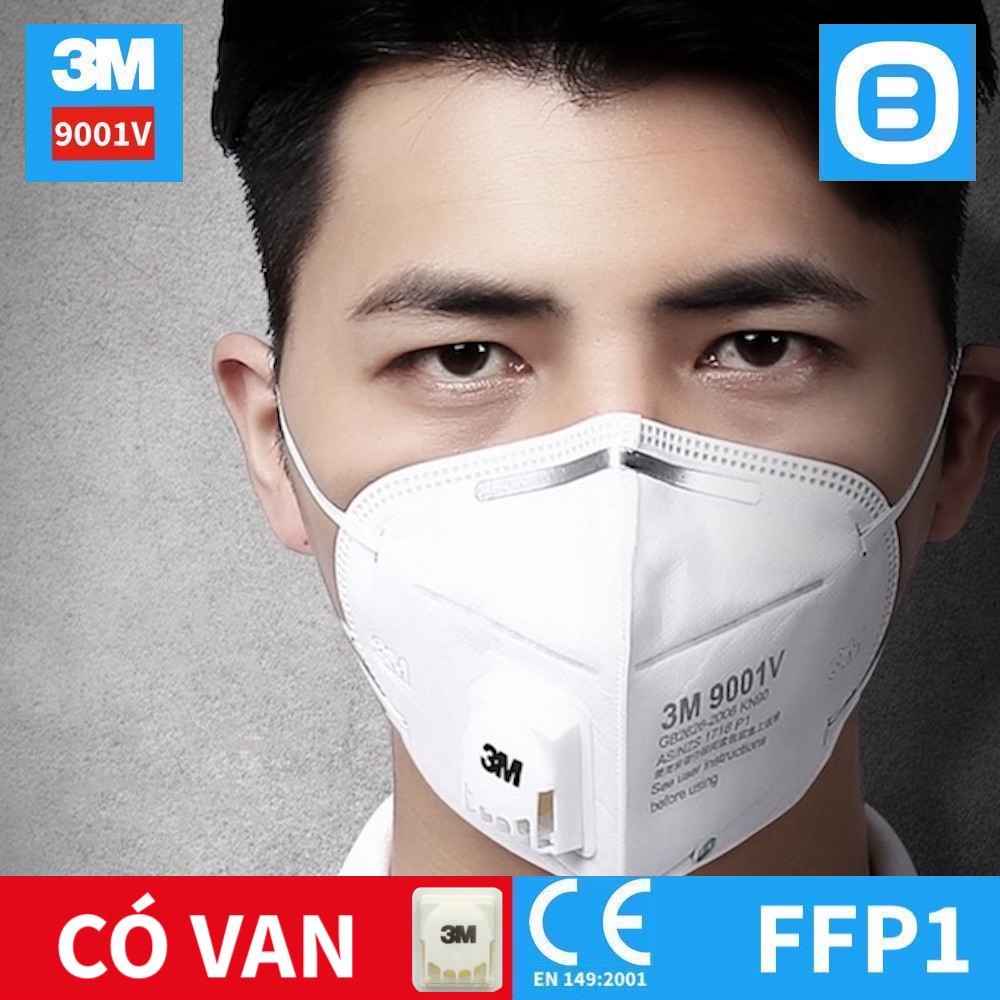 3M 9001V, Khẩu trang bảo vệ hô hấp, Dây đeo qua tai, Có van, P1, Màu trắng, XH003838204